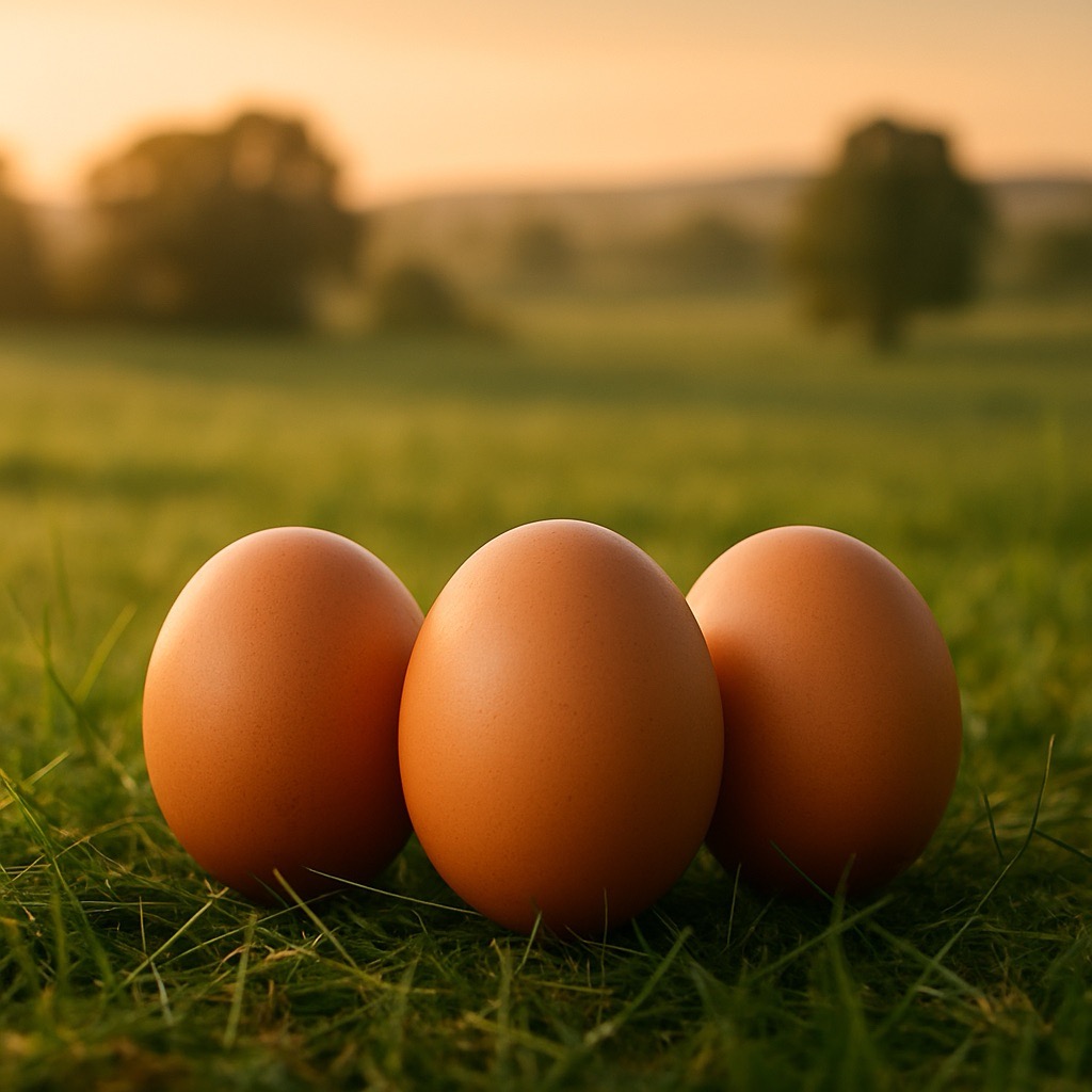 composición con 3 huevos y fondo de campo